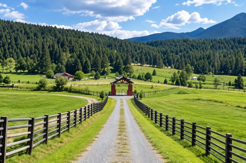 Mountain ranch with wooden fences